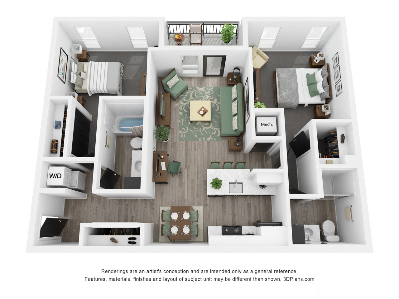 Floor plan for 2 beds, 2 baths, 984 sqft
